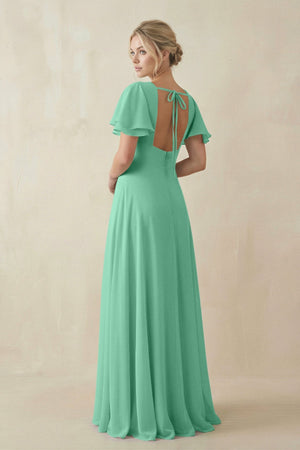 V - Neck Ruffled Short Sleeves A - Line Bridesmaid Dress in Turquoise - KissProm Bridesmaid Dresses