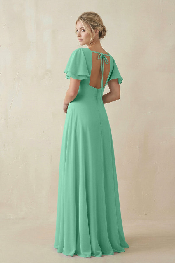 V - Neck Ruffled Short Sleeves A - Line Bridesmaid Dress in Turquoise - KissProm Bridesmaid Dresses