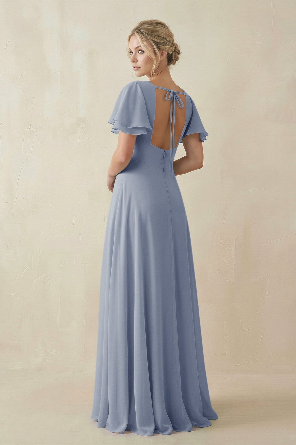 V - Neck Ruffled Short Sleeves A - Line Bridesmaid Dress in Twilight - KissProm Bridesmaid Dresses