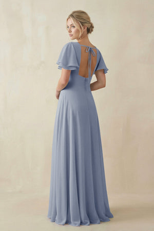 V - Neck Ruffled Short Sleeves A - Line Bridesmaid Dress in Twilight - KissProm Bridesmaid Dresses