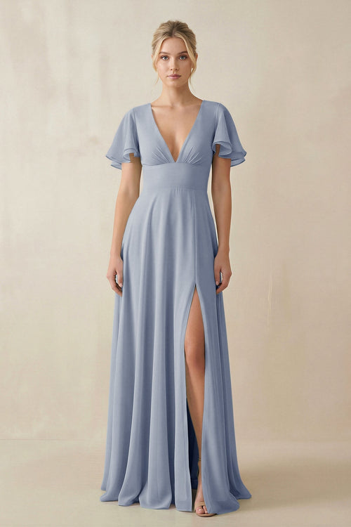 KissProm V-Neck Ruffled Short Sleeves A-Line Bridesmaid Dress in Twilight, Twilight / 8