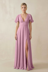 V - Neck Ruffled Short Sleeves A - Line Bridesmaid Dress in Vintage Mauve - KissProm Bridesmaid Dresses