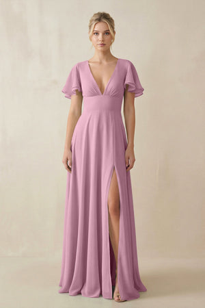 V - Neck Ruffled Short Sleeves A - Line Bridesmaid Dress in Vintage Mauve - KissProm Bridesmaid Dresses