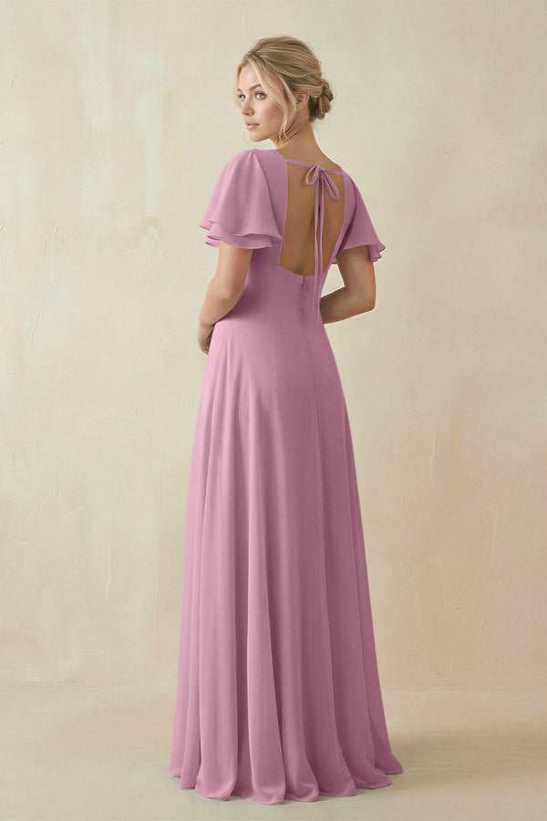 KissProm V-Neck Ruffled Short Sleeves A-Line Bridesmaid Dress in Vintage Mauve, Vintage Mauve / 0