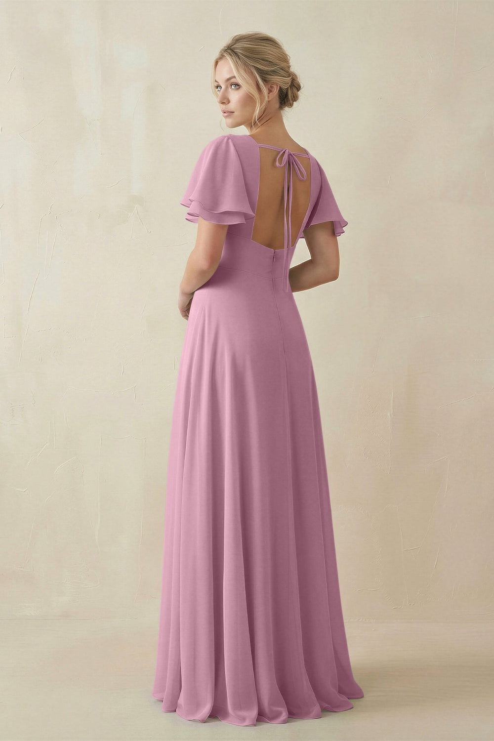 V - Neck Ruffled Short Sleeves A - Line Bridesmaid Dress in Vintage Mauve - KissProm Bridesmaid Dresses