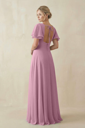 V - Neck Ruffled Short Sleeves A - Line Bridesmaid Dress in Vintage Mauve - KissProm Bridesmaid Dresses