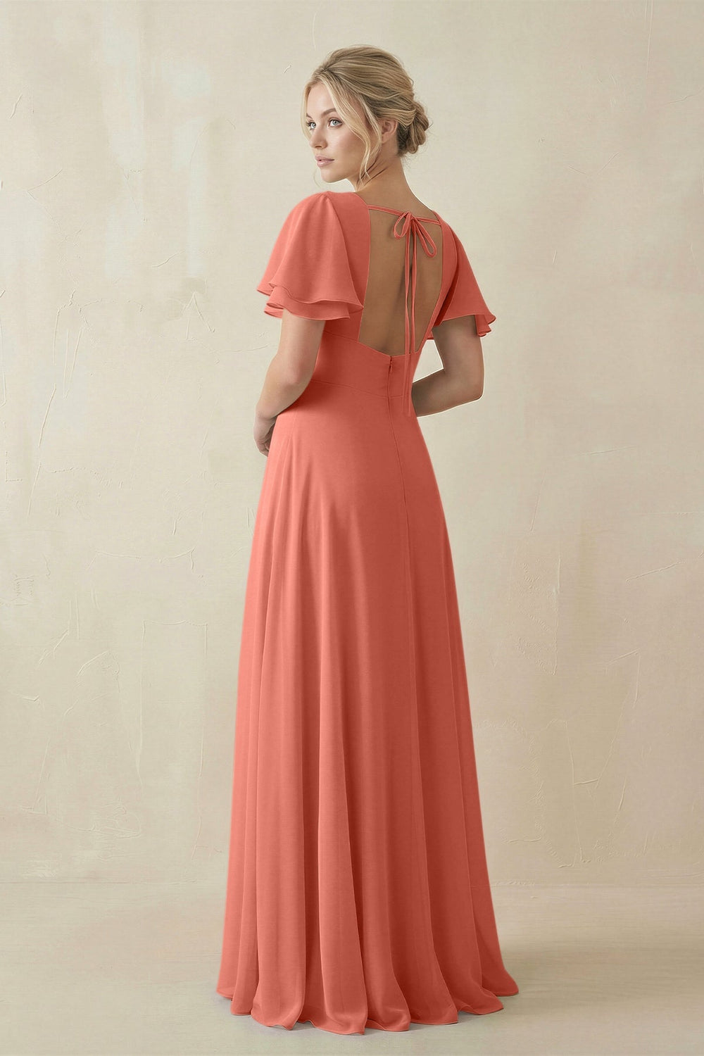 V - Neck Ruffled Short Sleeves A - Line Bridesmaid Dress in Wild Rose - KissProm Bridesmaid Dresses
