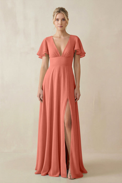V - Neck Ruffled Short Sleeves A - Line Bridesmaid Dress in Wild Rose - KissProm Bridesmaid Dresses