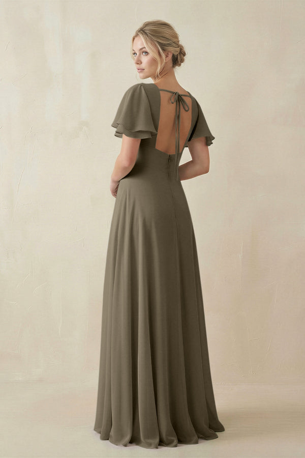 V - Neck Ruffled Short Sleeves A - Line Bridesmaid Dress in Willow Green - KissProm Bridesmaid Dresses