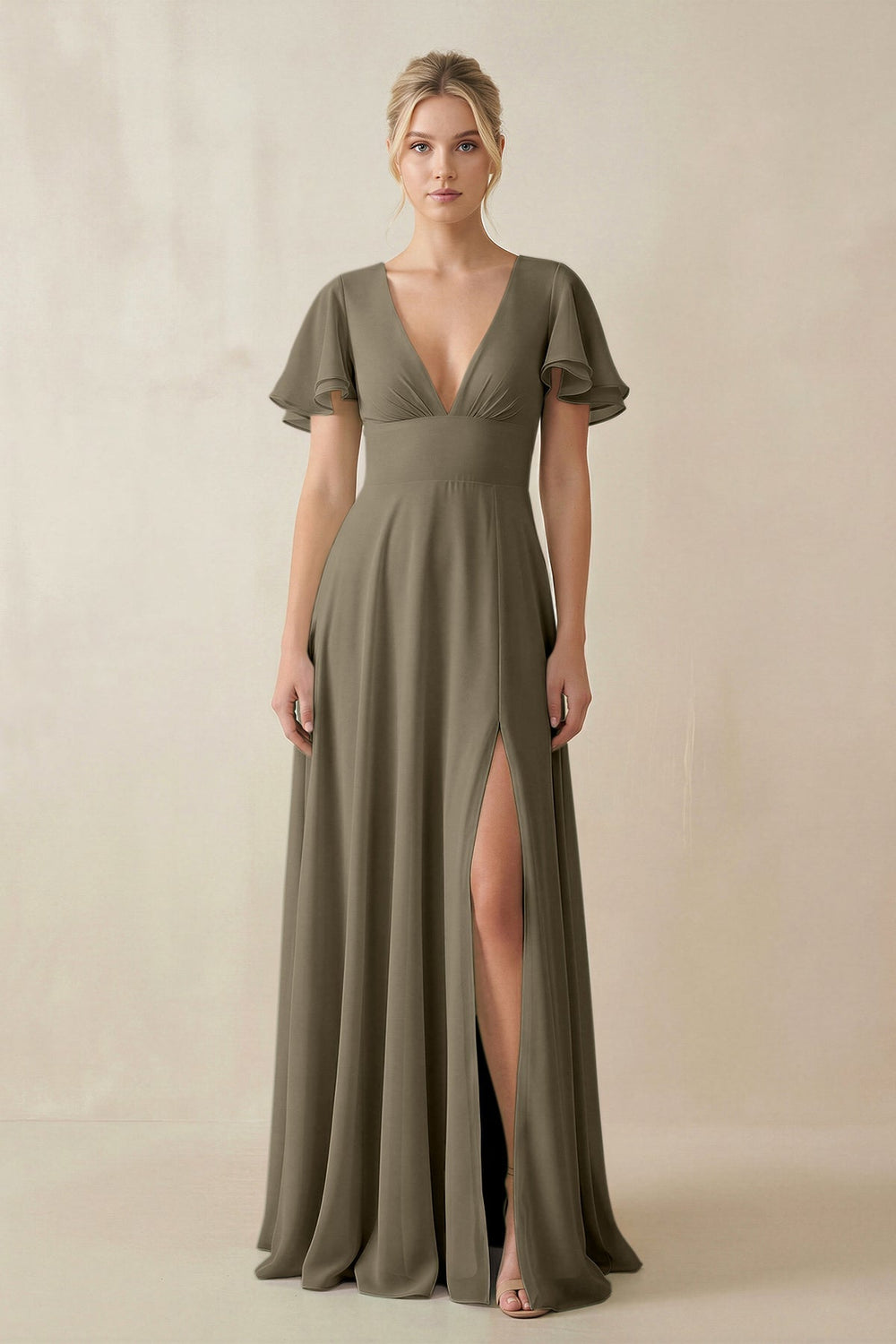 V - Neck Ruffled Short Sleeves A - Line Bridesmaid Dress in Willow Green - KissProm Bridesmaid Dresses