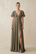 V - Neck Ruffled Short Sleeves A - Line Bridesmaid Dress in Willow Green - KissProm Bridesmaid Dresses