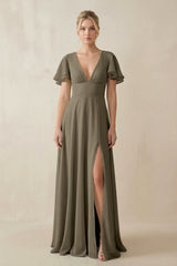 V - Neck Ruffled Short Sleeves A - Line Bridesmaid Dress in Willow Green - KissProm Bridesmaid Dresses