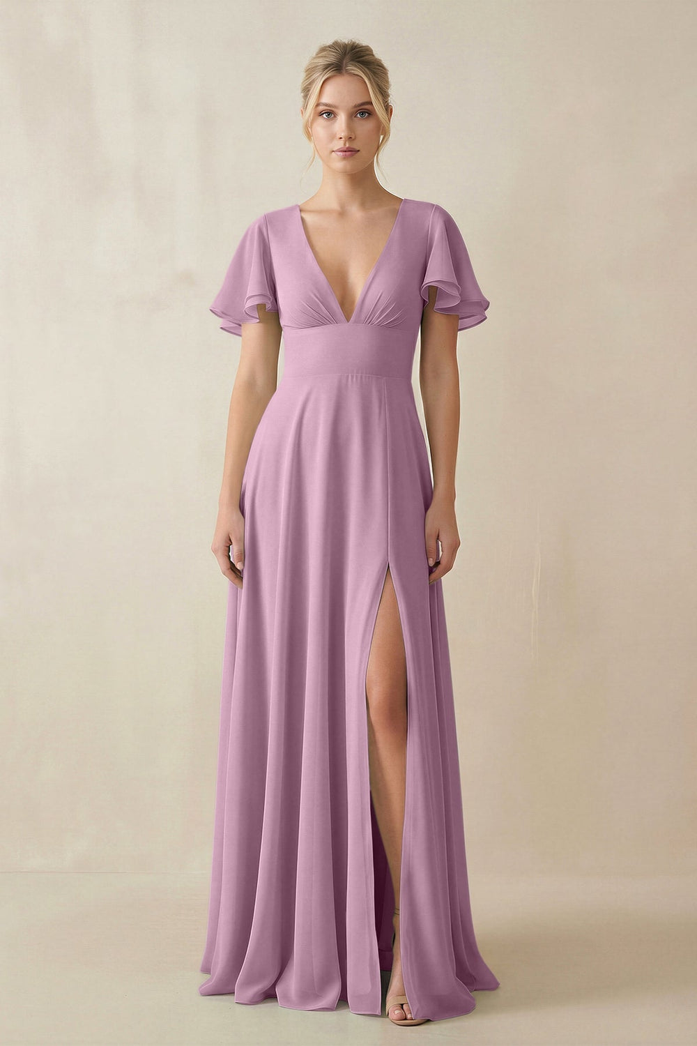 V - Neck Ruffled Short Sleeves A - Line Bridesmaid Dress in Wisteria - KissProm Bridesmaid Dresses