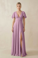 V - Neck Ruffled Short Sleeves A - Line Bridesmaid Dress in Wisteria - KissProm Bridesmaid Dresses