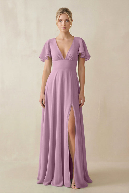V - Neck Ruffled Short Sleeves A - Line Bridesmaid Dress in Wisteria - KissProm Bridesmaid Dresses