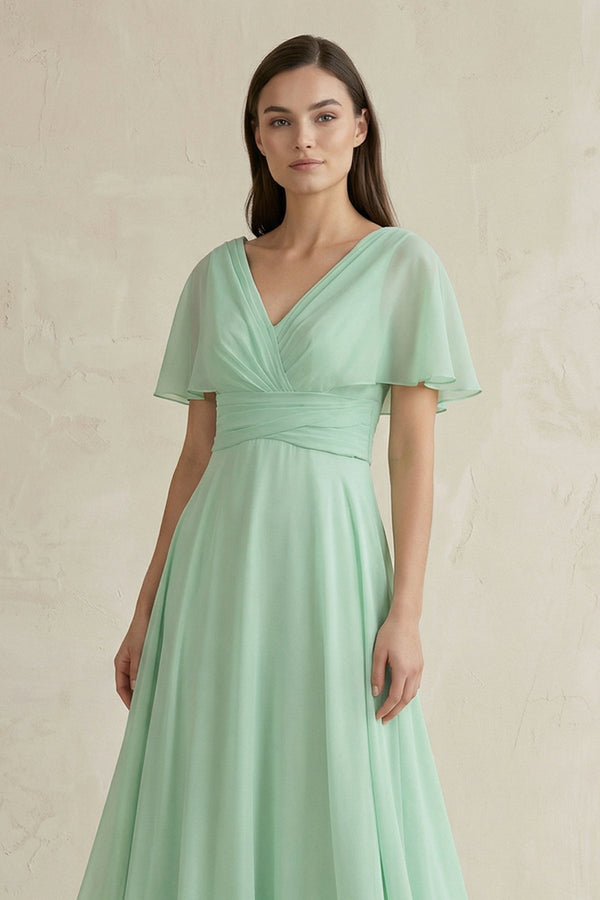 V-Neck Ruffled Sleeve A-Line Chiffon Bridesmaid Dress in Pale Pistachio - KissProm BRIDESMAID DRESSES