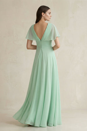 V-Neck Ruffled Sleeve A-Line Chiffon Bridesmaid Dress in Pale Pistachio - KissProm BRIDESMAID DRESSES