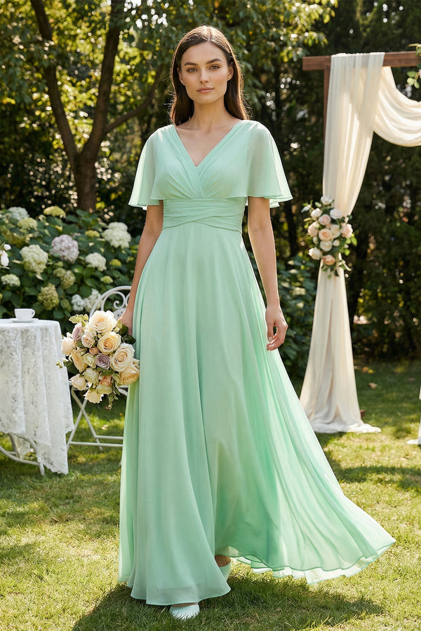 V-Neck Ruffled Sleeve A-Line Chiffon Bridesmaid Dress in Pale Pistachio, Pale Pistachio / 20 V-Neck Ruffled Sleeve A-Line Chiffon Bridesmaid Dress in Pale Pistachio, Pale Pistachio / 20