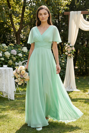 V-Neck Ruffled Sleeve A-Line Chiffon Bridesmaid Dress in Pale Pistachio - KissProm BRIDESMAID DRESSES
