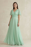 V-Neck Ruffled Sleeve A-Line Chiffon Bridesmaid Dress in Pale Pistachio - KissProm BRIDESMAID DRESSES