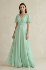 V-Neck Ruffled Sleeve A-Line Chiffon Bridesmaid Dress in Pale Pistachio - KissProm BRIDESMAID DRESSES