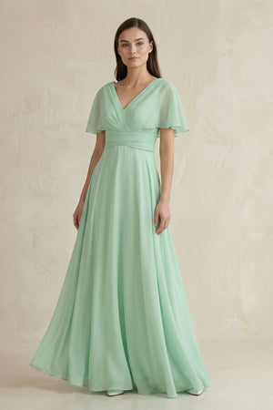 V-Neck Ruffled Sleeve A-Line Chiffon Bridesmaid Dress in Pale Pistachio - KissProm BRIDESMAID DRESSES