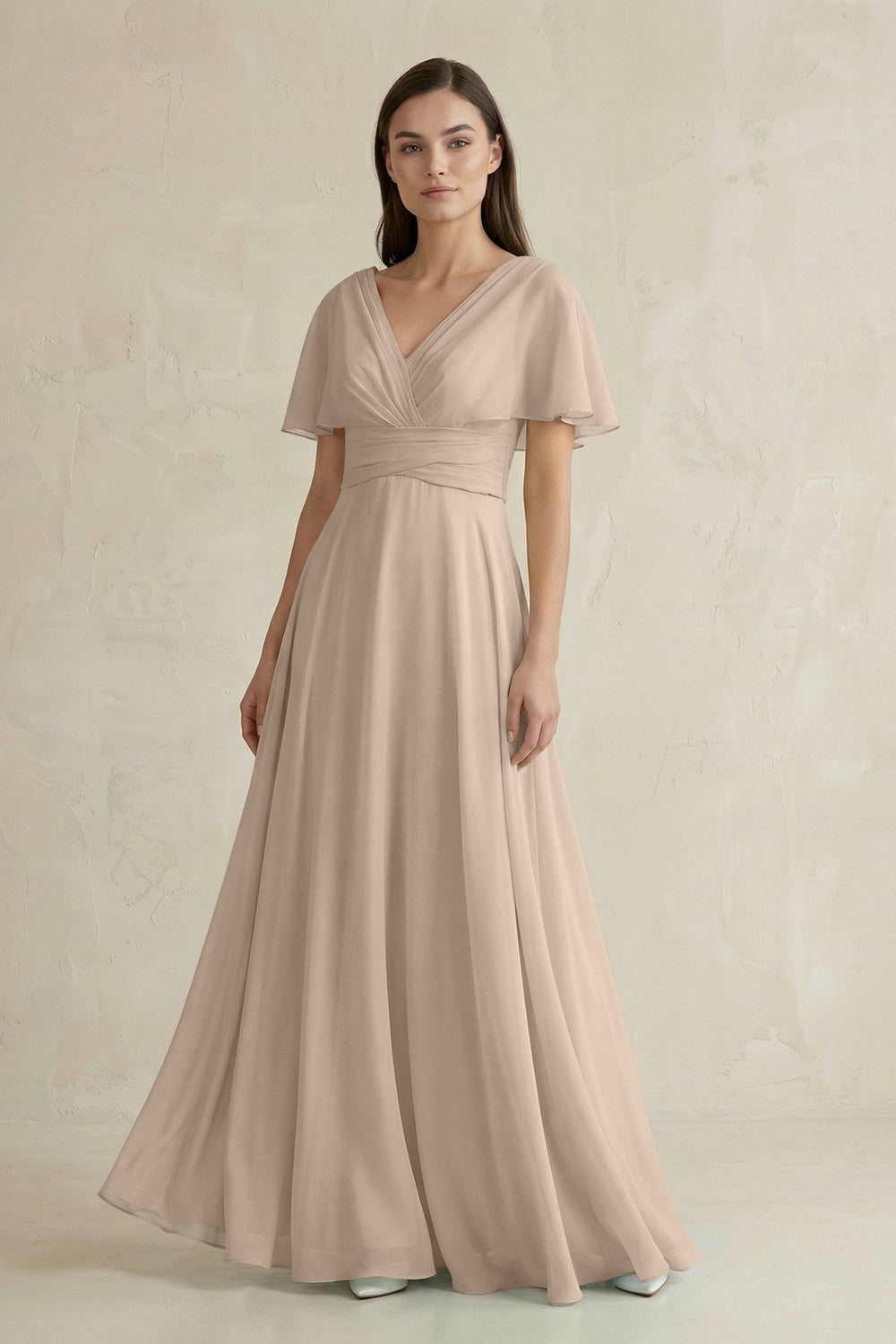 V - Neck Ruffled Sleeve A - Line Chiffon Bridesmaid Dress in Almond - KissProm Bridesmaid Dresses