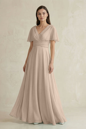 V - Neck Ruffled Sleeve A - Line Chiffon Bridesmaid Dress in Almond - KissProm Bridesmaid Dresses