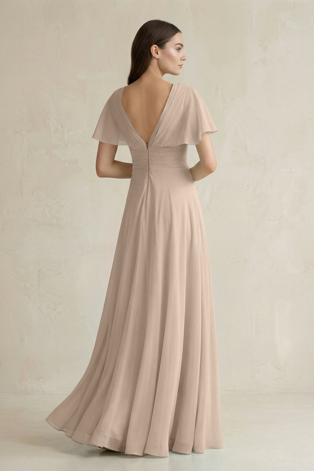 V - Neck Ruffled Sleeve A - Line Chiffon Bridesmaid Dress in Almond - KissProm Bridesmaid Dresses