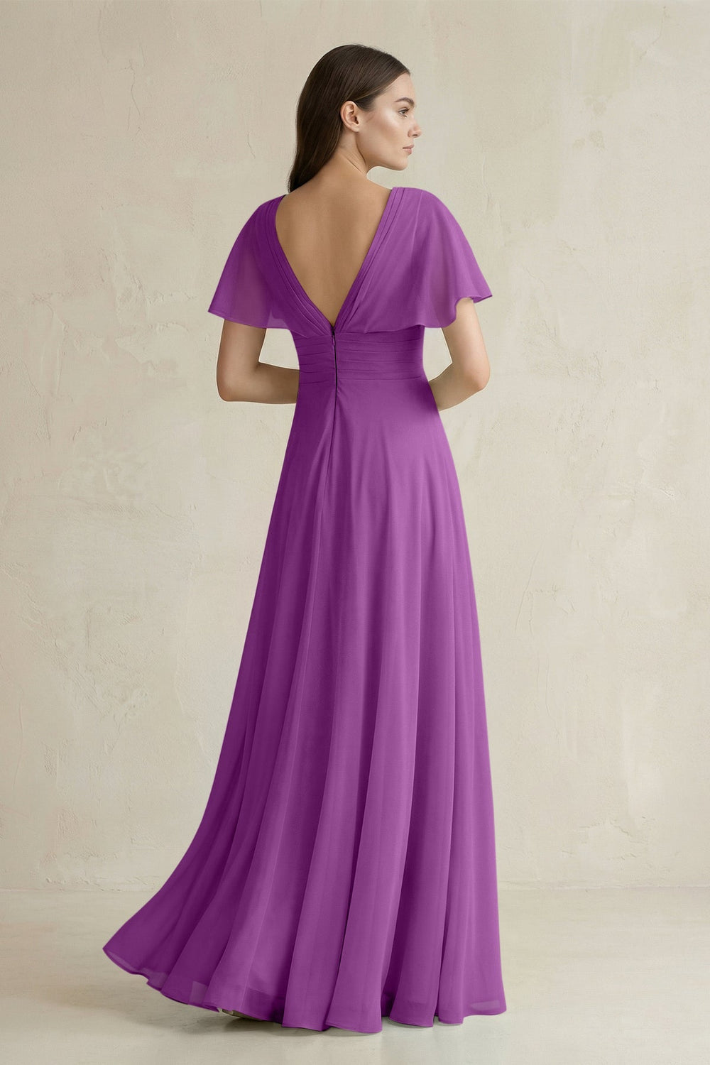 V - Neck Ruffled Sleeve A - Line Chiffon Bridesmaid Dress in Amethyst - KissProm Bridesmaid Dresses