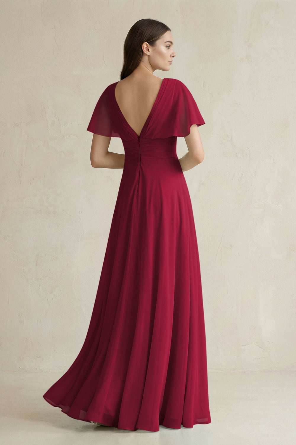 V - Neck Ruffled Sleeve A - Line Chiffon Bridesmaid Dress in Berry - KissProm Bridesmaid Dresses