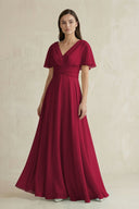 V - Neck Ruffled Sleeve A - Line Chiffon Bridesmaid Dress in Berry - KissProm Bridesmaid Dresses