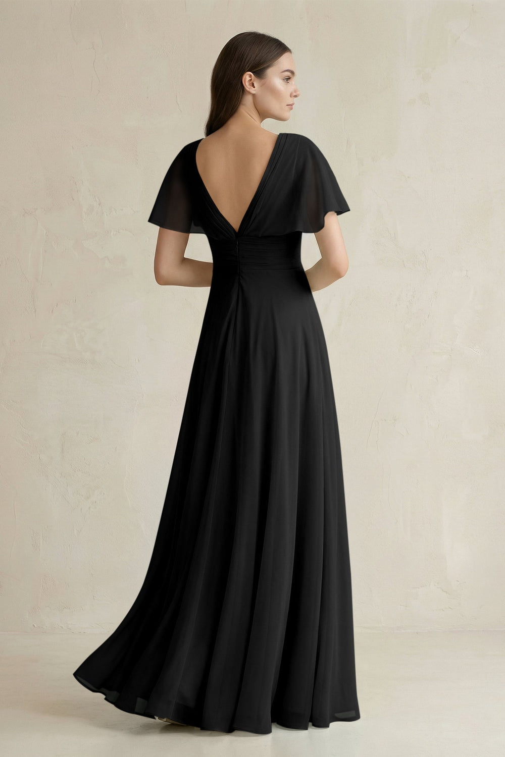 V - Neck Ruffled Sleeve A - Line Chiffon Bridesmaid Dress in Black - KissProm Bridesmaid Dresses