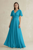 V - Neck Ruffled Sleeve A - Line Chiffon Bridesmaid Dress in Blue Jay - KissProm Bridesmaid Dresses