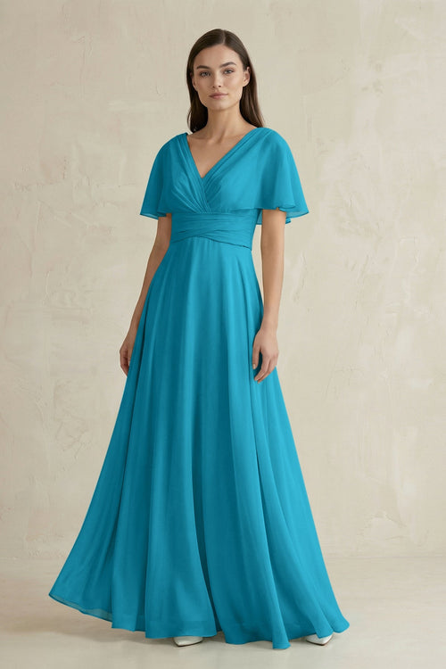 V - Neck Ruffled Sleeve A - Line Chiffon Bridesmaid Dress in Blue Jay - KissProm Bridesmaid Dresses