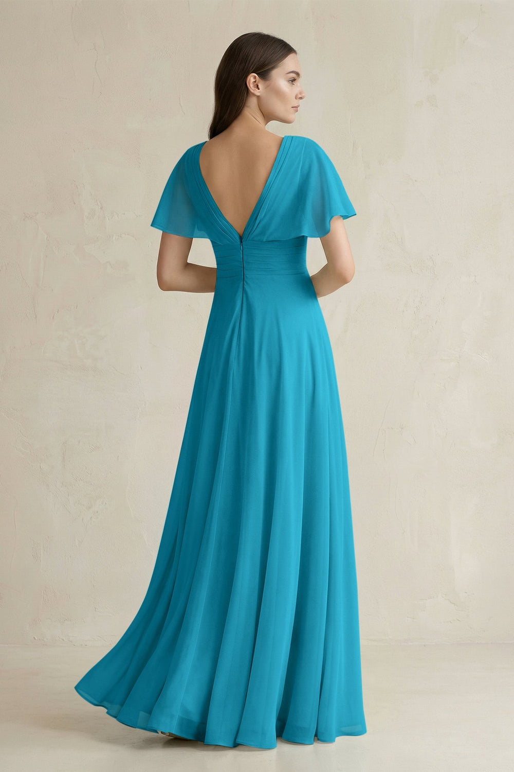 V - Neck Ruffled Sleeve A - Line Chiffon Bridesmaid Dress in Blue Jay - KissProm Bridesmaid Dresses