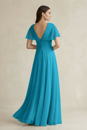 V - Neck Ruffled Sleeve A - Line Chiffon Bridesmaid Dress in Blue Jay - KissProm Bridesmaid Dresses