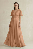 V - Neck Ruffled Sleeve A - Line Chiffon Bridesmaid Dress in Bronzer - KissProm Bridesmaid Dresses