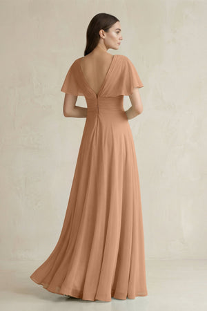 V - Neck Ruffled Sleeve A - Line Chiffon Bridesmaid Dress in Bronzer - KissProm Bridesmaid Dresses