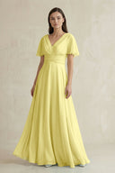V - Neck Ruffled Sleeve A - Line Chiffon Bridesmaid Dress in Buttercup - KissProm Bridesmaid Dresses