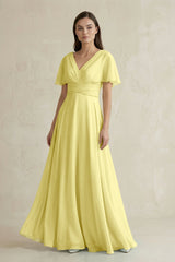 V - Neck Ruffled Sleeve A - Line Chiffon Bridesmaid Dress in Buttercup - KissProm Bridesmaid Dresses