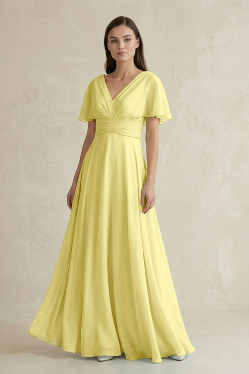 V - Neck Ruffled Sleeve A - Line Chiffon Bridesmaid Dress in Buttercup - KissProm Bridesmaid Dresses