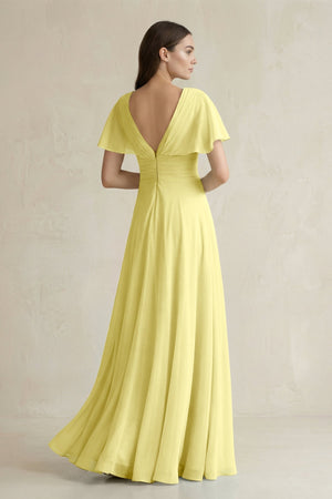 V - Neck Ruffled Sleeve A - Line Chiffon Bridesmaid Dress in Buttercup - KissProm Bridesmaid Dresses