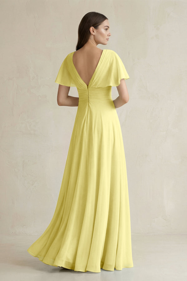 V - Neck Ruffled Sleeve A - Line Chiffon Bridesmaid Dress in Buttercup - KissProm Bridesmaid Dresses