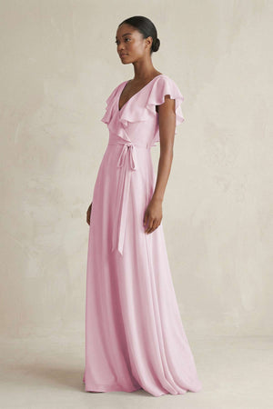 V - Neck Ruffled Sleeve A - Line Chiffon Bridesmaid Dress in Candy Pink - KissProm Bridesmaid Dresses