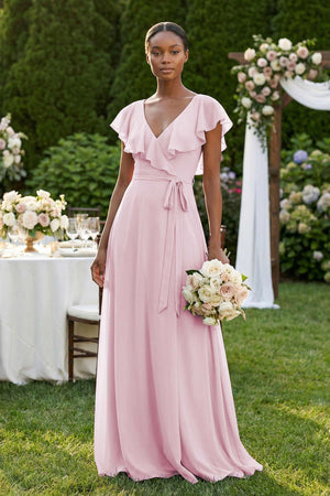 V - Neck Ruffled Sleeve A - Line Chiffon Bridesmaid Dress in Candy Pink - KissProm Bridesmaid Dresses