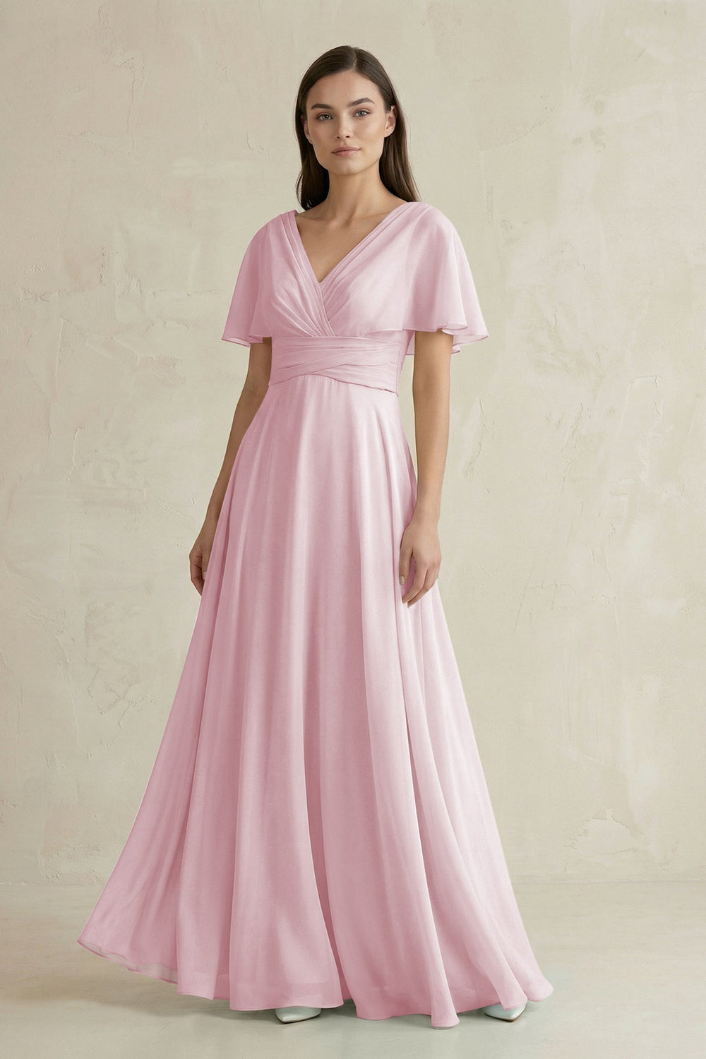 V - Neck Ruffled Sleeve A - Line Chiffon Bridesmaid Dress in Candy Pink - KissProm Bridesmaid Dresses