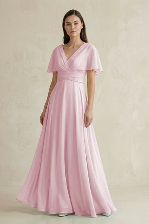 V - Neck Ruffled Sleeve A - Line Chiffon Bridesmaid Dress in Candy Pink - KissProm Bridesmaid Dresses