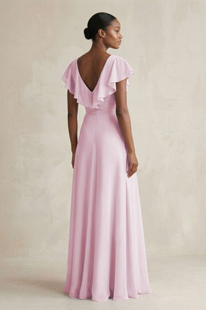 V - Neck Ruffled Sleeve A - Line Chiffon Bridesmaid Dress in Candy Pink - KissProm Bridesmaid Dresses