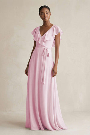 V - Neck Ruffled Sleeve A - Line Chiffon Bridesmaid Dress in Candy Pink - KissProm Bridesmaid Dresses